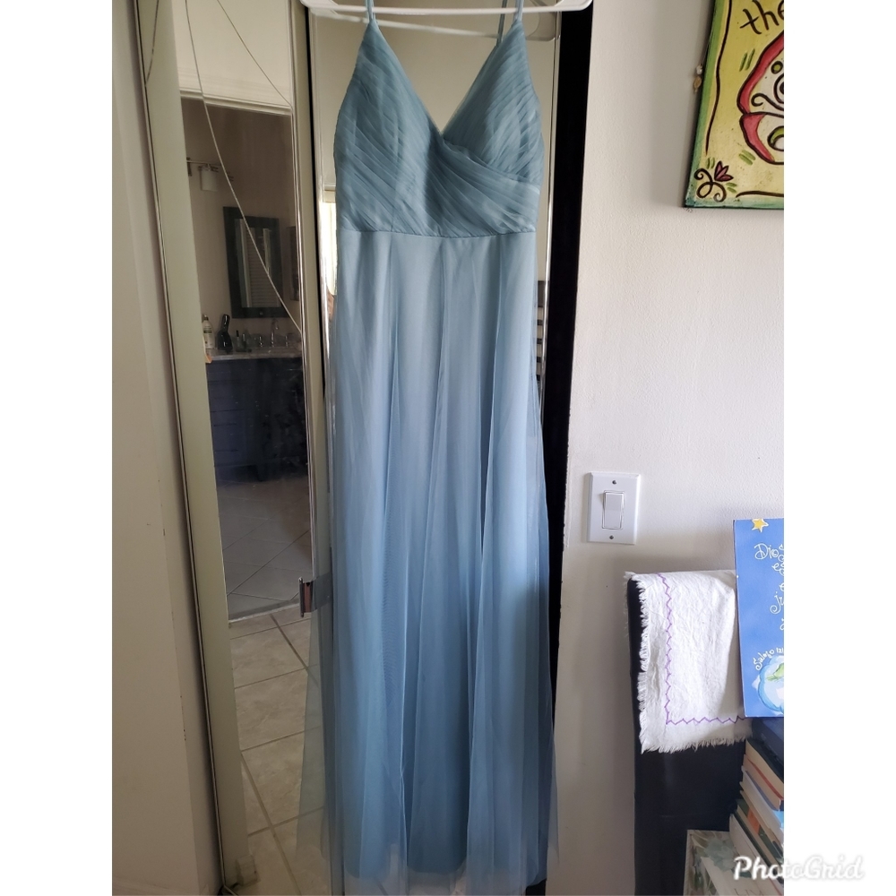Spaghetti Strap V Neck Maxi Long Tulle Bridesmaid / Seaglass